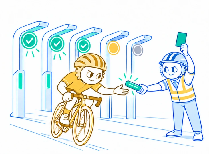 A rider passing live capability checkpoints and receiving a secure commerce mandate