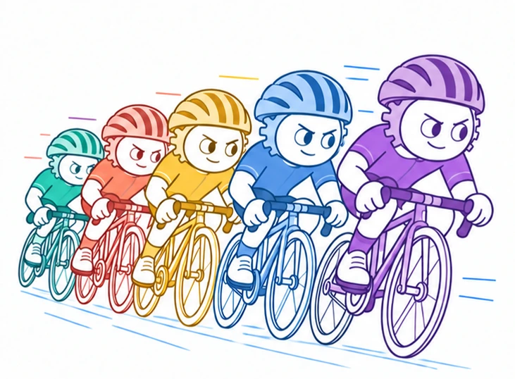 Five generic riders holding a close, even formation in the agentic commerce race